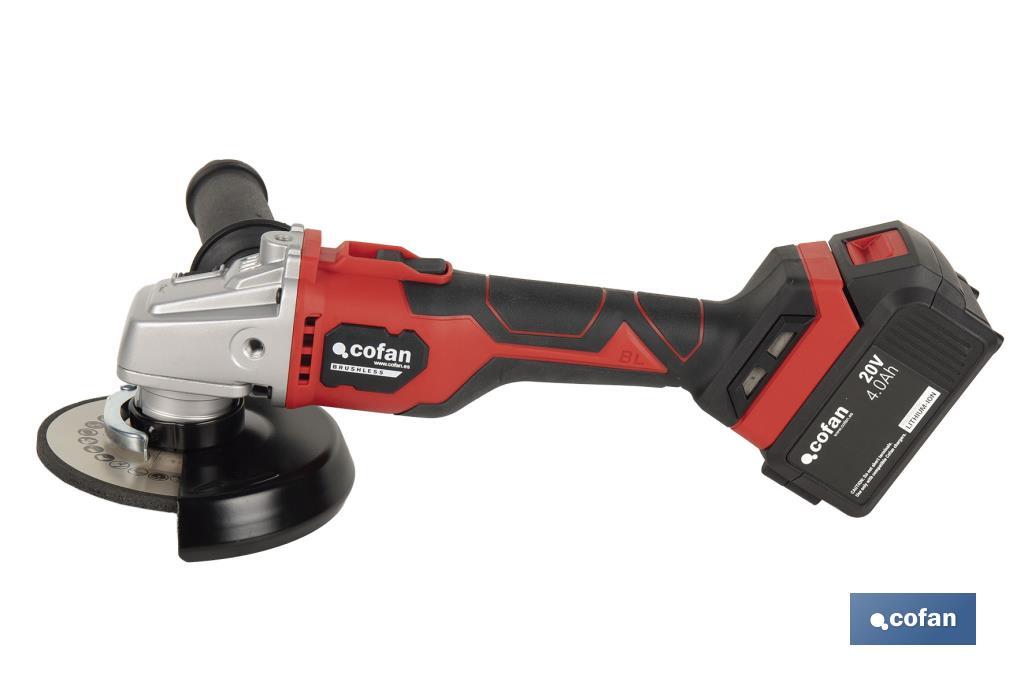 Amoladora a batería sin escobillas | Velocidad variable | Mango 3 posiciones | Incluye: batería de 20 V y 4.0 Ah, cargador y maletín con disco de corte, protector y mango auxiliar - Cofan