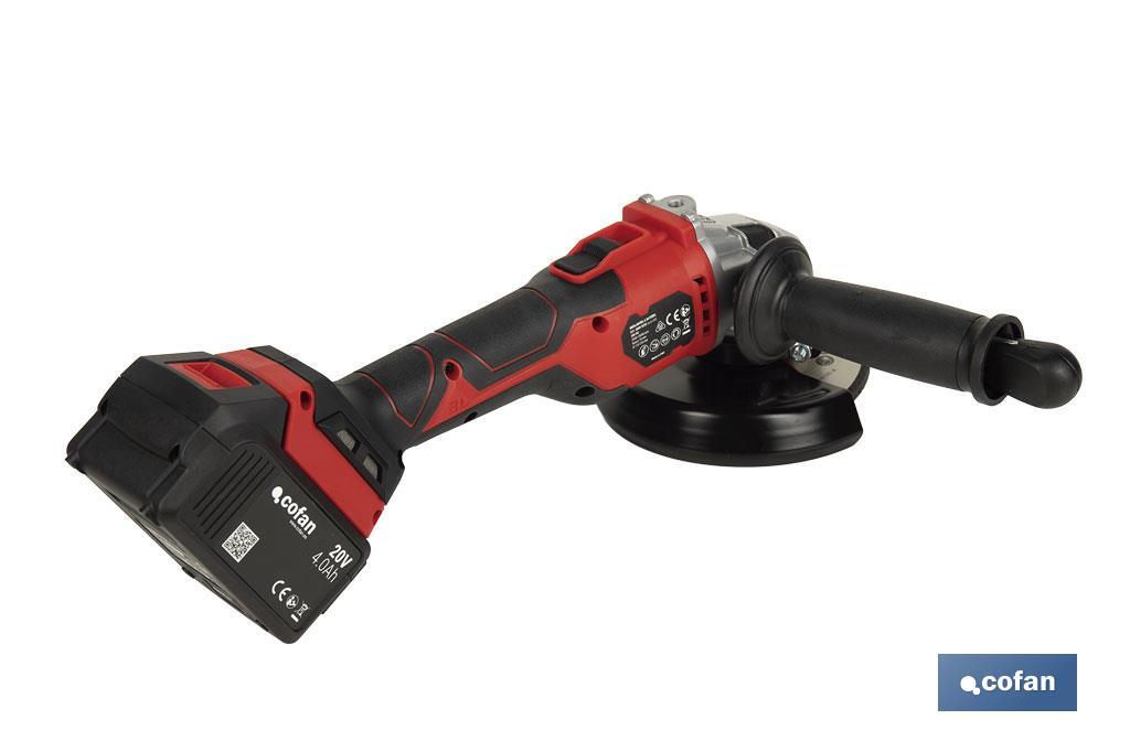 Amoladora a batería sin escobillas | Velocidad variable | Mango 3 posiciones | Incluye: batería de 20 V y 4.0 Ah, cargador y maletín con disco de corte, protector y mango auxiliar - Cofan
