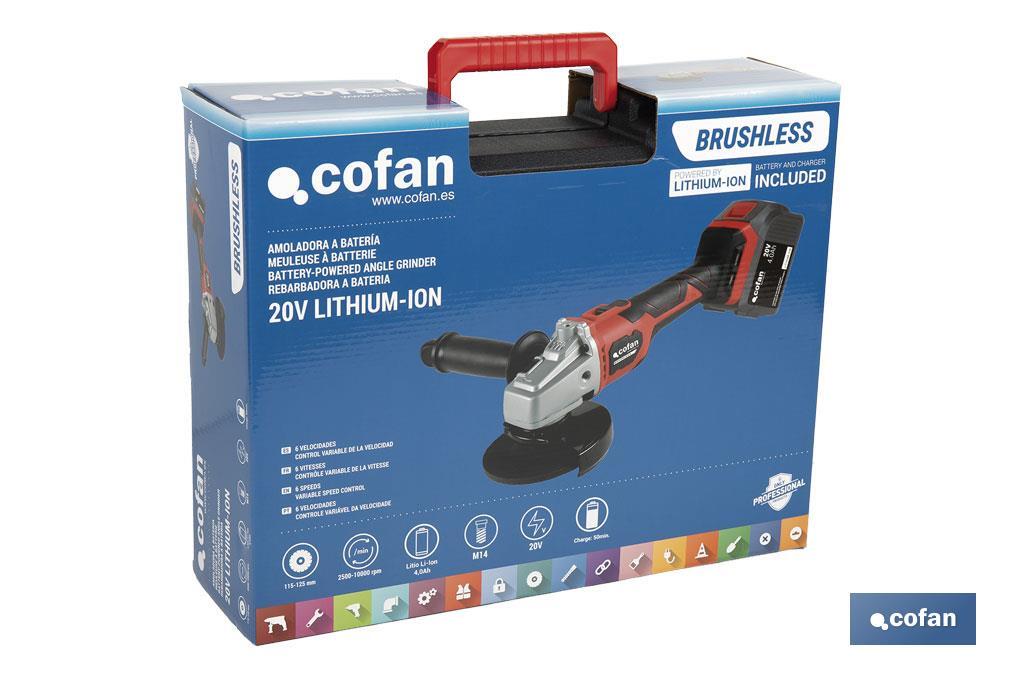 Amoladora a batería sin escobillas | Velocidad variable | Mango 3 posiciones | Incluye: batería de 20 V y 4.0 Ah, cargador y maletín con disco de corte, protector y mango auxiliar - Cofan