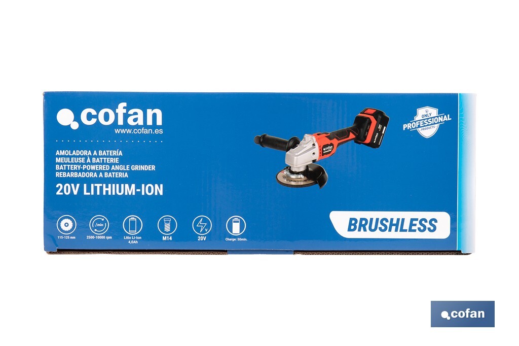 Amoladora a batería sin escobillas | Velocidad variable | Mango 3 posiciones | Incluye: batería de 20 V y 4.0 Ah, cargador y maletín con disco de corte, protector y mango auxiliar - Cofan