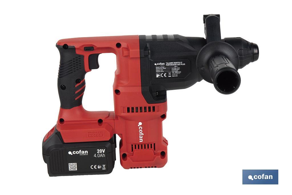 Martillo perforador SDS Plus sin escobillas multifunción | Taladra, percute y cincela | Incluye: maletín con accesorios, portabrocas automático con adaptador SDS PLUS, batería Li-Ion de 20 V y cargador - Cofan