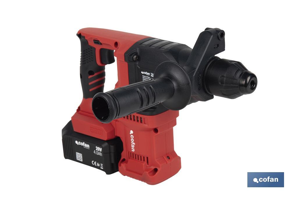Martillo perforador SDS Plus sin escobillas multifunción | Taladra, percute y cincela | Incluye: maletín con accesorios, portabrocas automático con adaptador SDS PLUS, batería Li-Ion de 20 V y cargador - Cofan