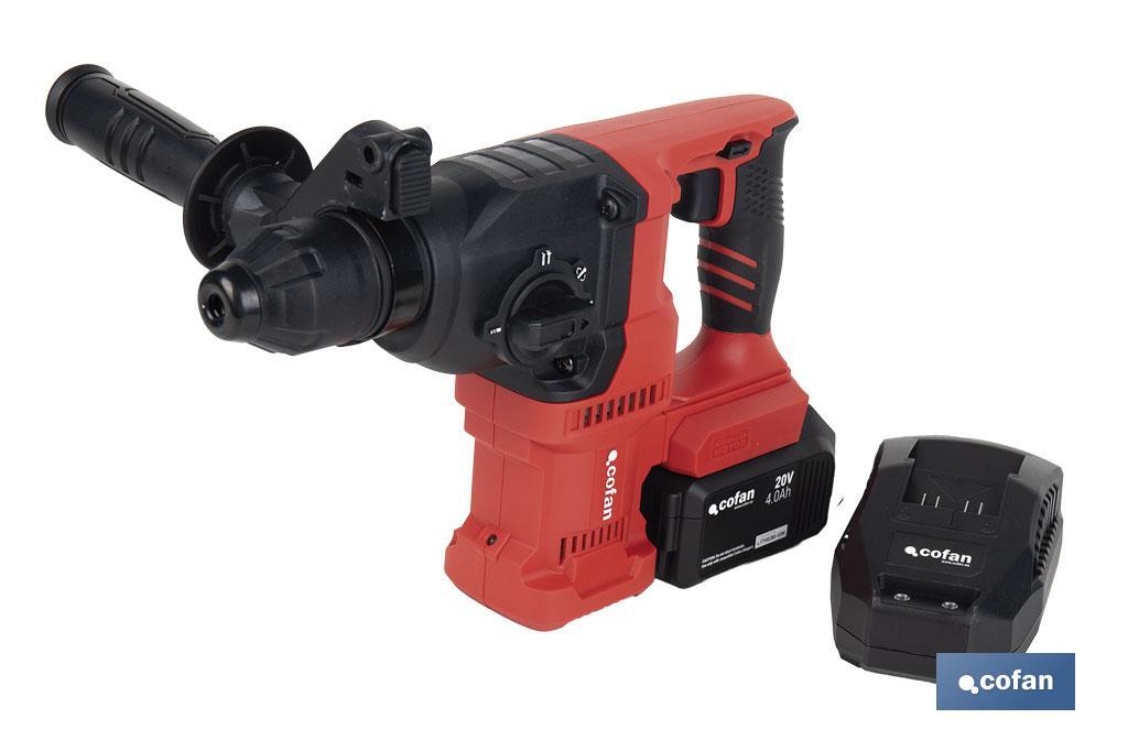 Martillo perforador SDS Plus sin escobillas multifunción | Taladra, percute y cincela | Incluye: maletín con accesorios, portabrocas automático con adaptador SDS PLUS, batería Li-Ion de 20 V y cargador - Cofan
