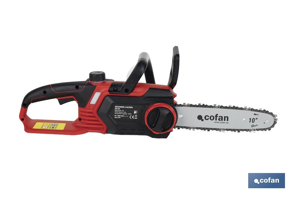 Motosierra a batería sin escobillas con espada de 10" | Engrase automático | Incluye batería Li-Ion 20 V 4,0 Ah y cargador - Cofan