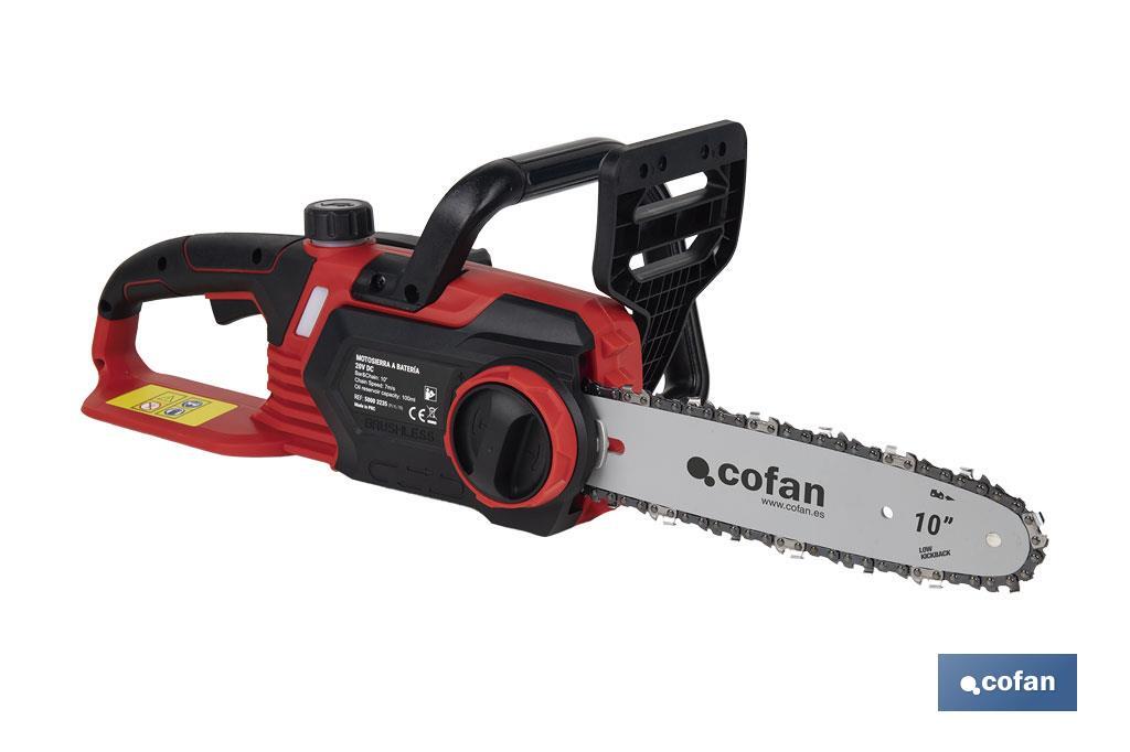 Motosierra a batería sin escobillas con espada de 10" | Engrase automático | Incluye batería Li-Ion 20 V 4,0 Ah y cargador - Cofan