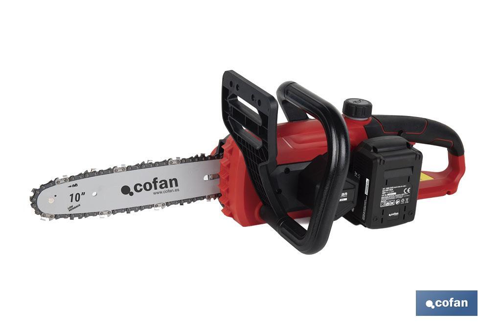 Motosierra a batería sin escobillas con espada de 10" | Engrase automático | Incluye batería Li-Ion 20 V 4,0 Ah y cargador - Cofan