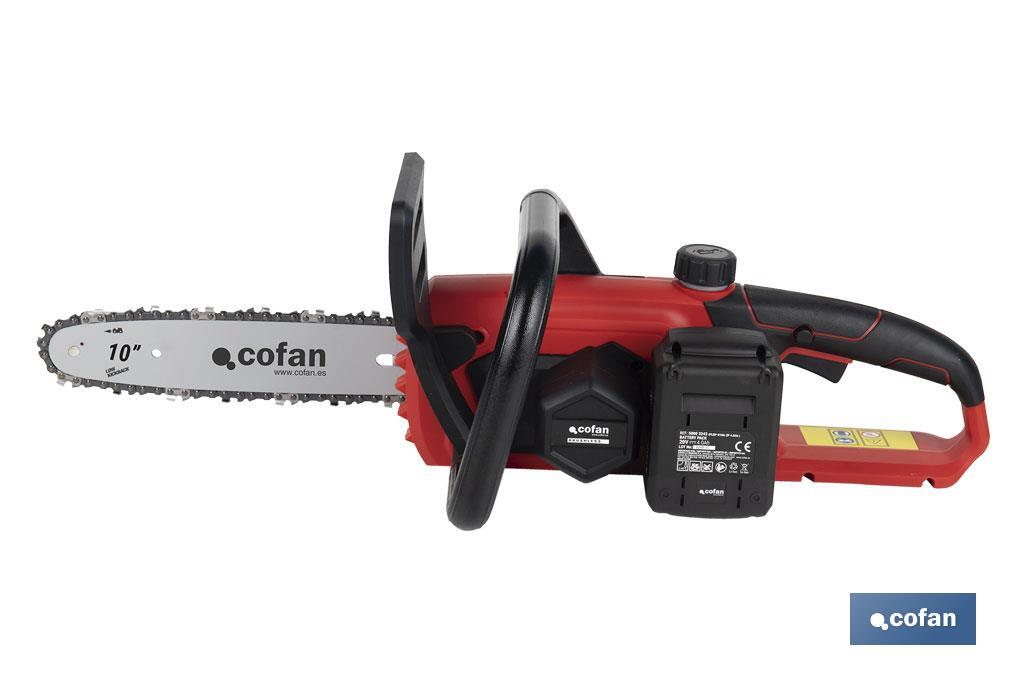 Motosierra a batería sin escobillas con espada de 10" | Engrase automático | Incluye batería Li-Ion 20 V 4,0 Ah y cargador - Cofan