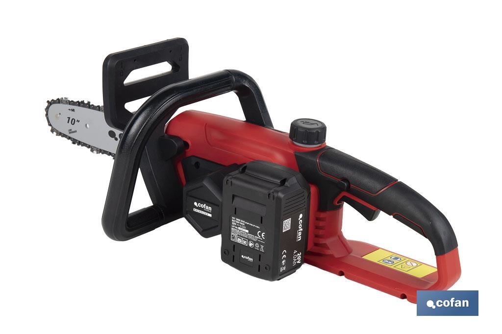 Motosierra a batería sin escobillas con espada de 10" | Engrase automático | Incluye batería Li-Ion 20 V 4,0 Ah y cargador - Cofan
