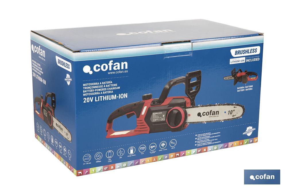Motosierra a batería sin escobillas con espada de 10" | Engrase automático | Incluye batería Li-Ion 20 V 4,0 Ah y cargador - Cofan