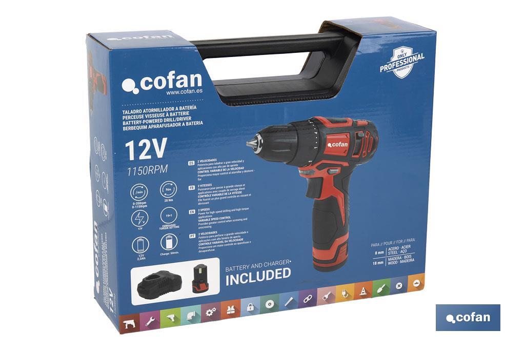 Taladro atornillador a batería | 19+ 1 posiciones de apriete | Batería Li-ion 12 V 2.0 Ah | Dos velocidades | Maletín incluido - Cofan