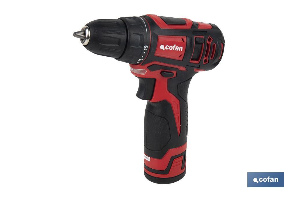 Taladro atornillador a batería | 19+ 1 posiciones de apriete | Batería Li-ion 12 V 2.0 Ah | Dos velocidades | Maletín incluido - Cofan