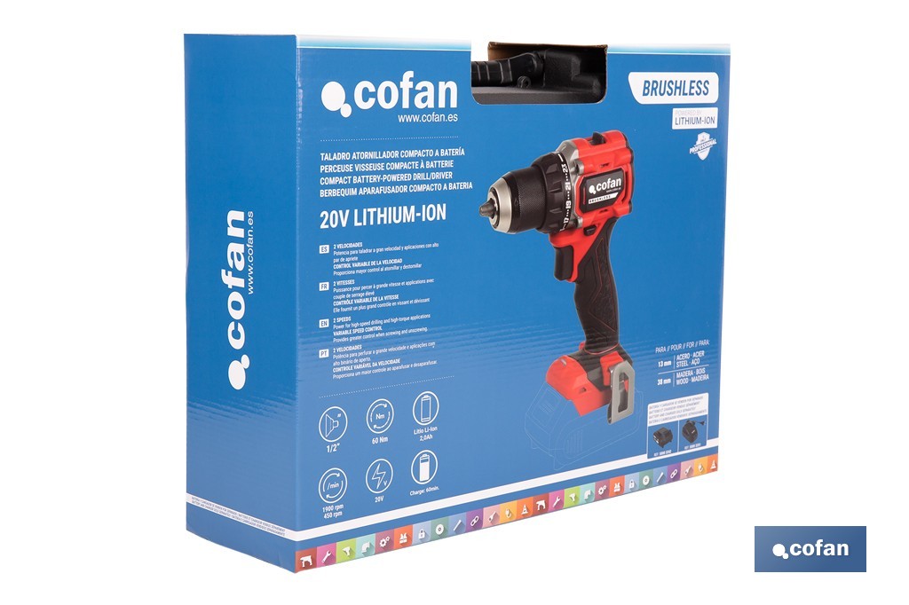 Taladro atornillador a batería con motor brushless | Potencia: 20 V | 2 velocidades | Disponible con y sin batería y cargador - Cofan