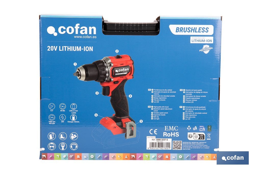 Taladro atornillador a batería con motor brushless | Potencia: 20 V | 2 velocidades | Disponible con y sin batería y cargador - Cofan