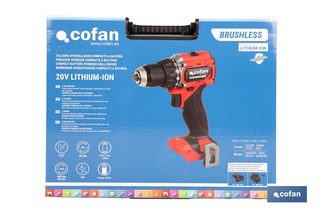 Taladro atornillador a batería con motor brushless | Potencia: 20 V | 2 velocidades | Disponible con y sin batería y cargador - Cofan