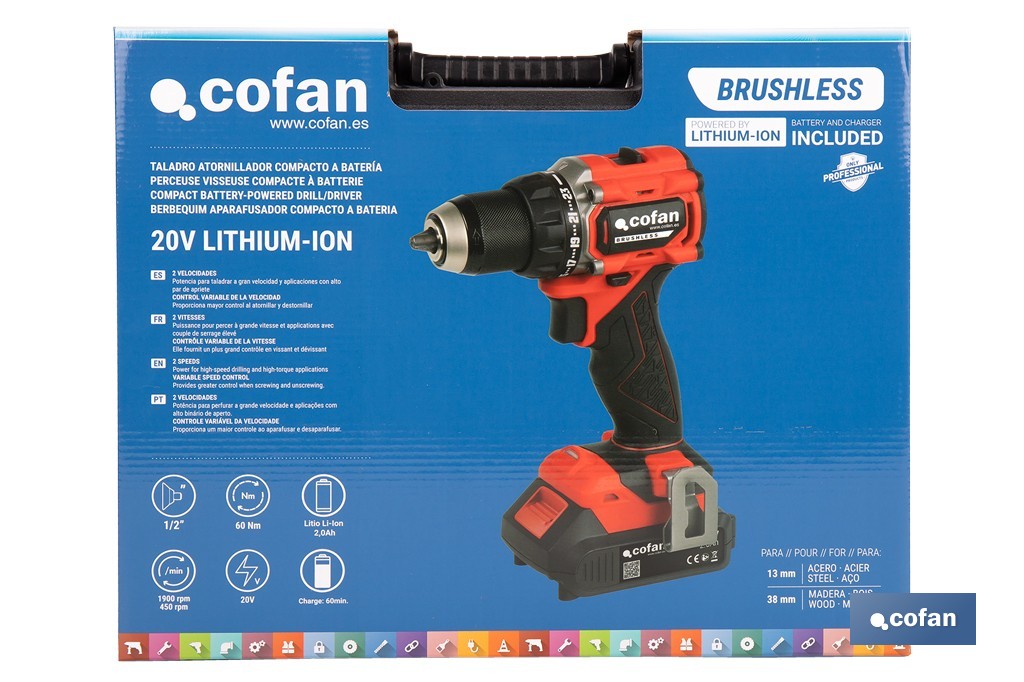 Taladro atornillador a batería con motor brushless | Potencia: 20 V | 2 velocidades | Disponible con y sin batería y cargador - Cofan