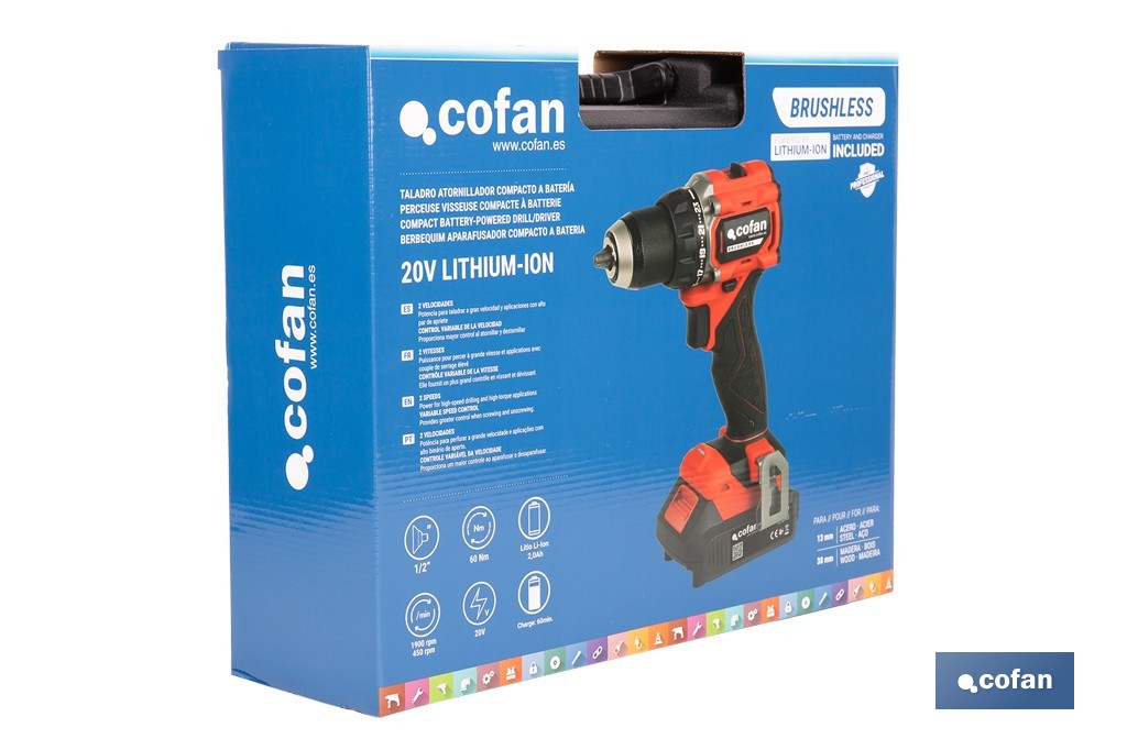 Taladro atornillador a batería con motor brushless | Potencia: 20 V | 2 velocidades | Disponible con y sin batería y cargador - Cofan