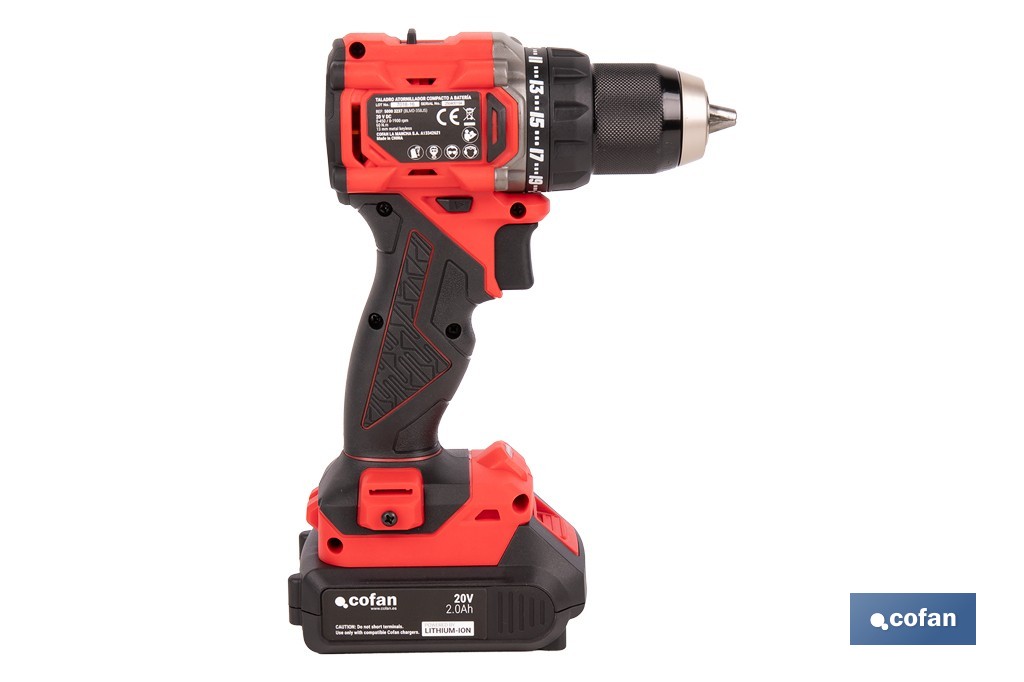 Taladro atornillador a batería con motor brushless | Potencia: 20 V | 2 velocidades | Disponible con y sin batería y cargador - Cofan