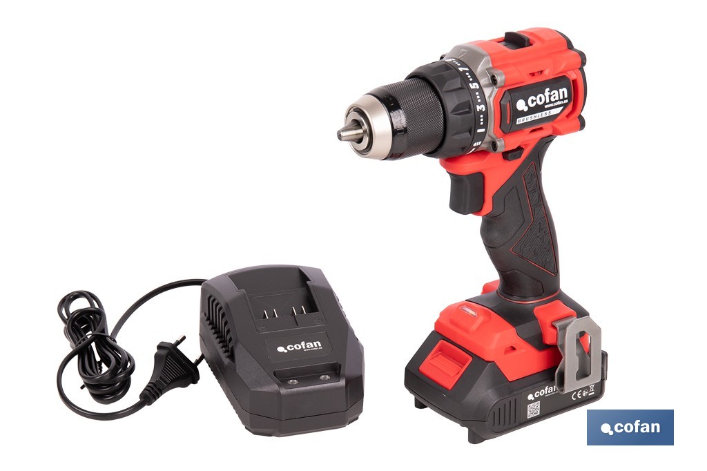 Taladro atornillador a batería con motor brushless | Potencia: 20 V | 2 velocidades | Disponible con y sin batería y cargador - Cofan