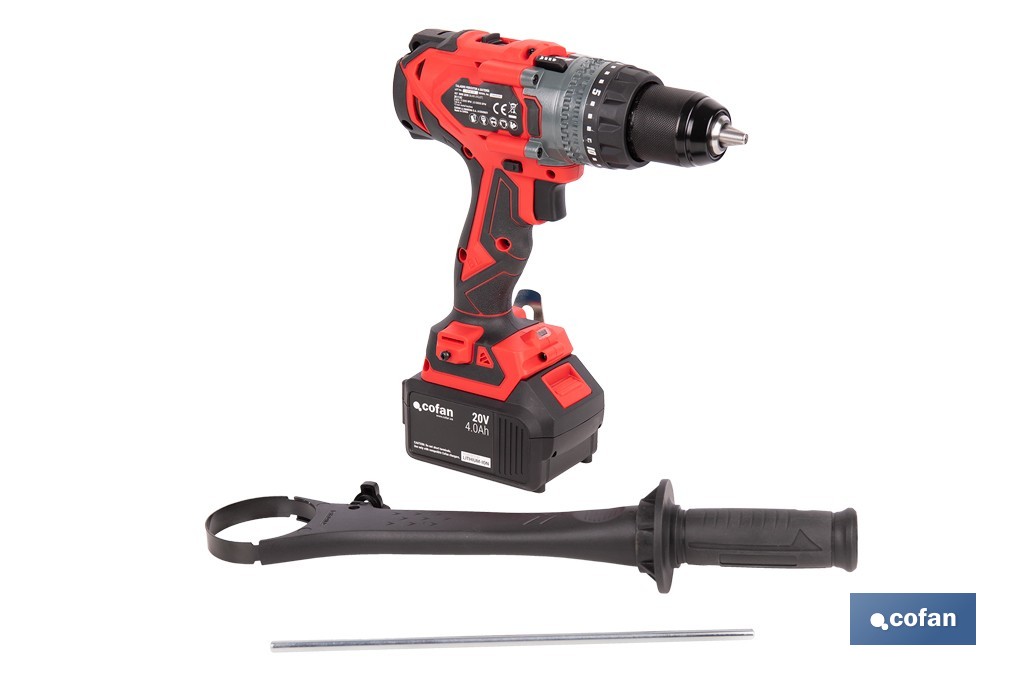 Taladro percutor a batería con motor brushless | Potencia: 20 V | 2 velocidades + percusión | Accesorios incluidos | Disponible con y sin batería y cargador - Cofan
