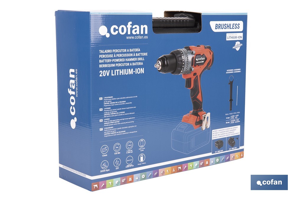 Taladro percutor a batería con motor brushless | Potencia: 20 V | 2 velocidades + percusión | Accesorios incluidos | Disponible con y sin batería y cargador - Cofan