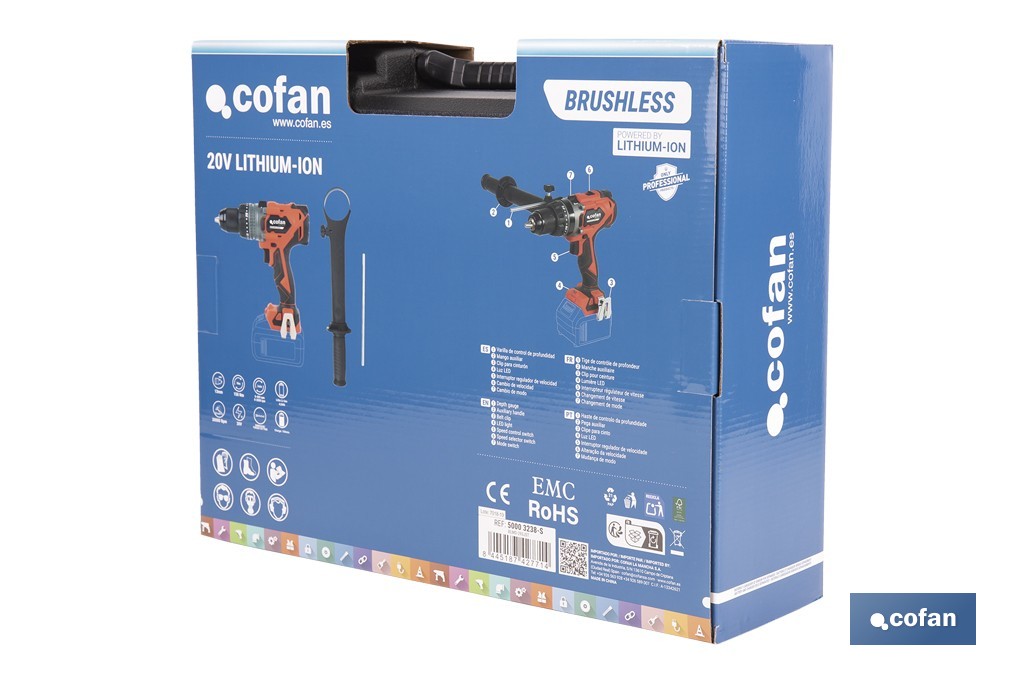 Taladro percutor a batería con motor brushless | Potencia: 20 V | 2 velocidades + percusión | Accesorios incluidos | Disponible con y sin batería y cargador - Cofan