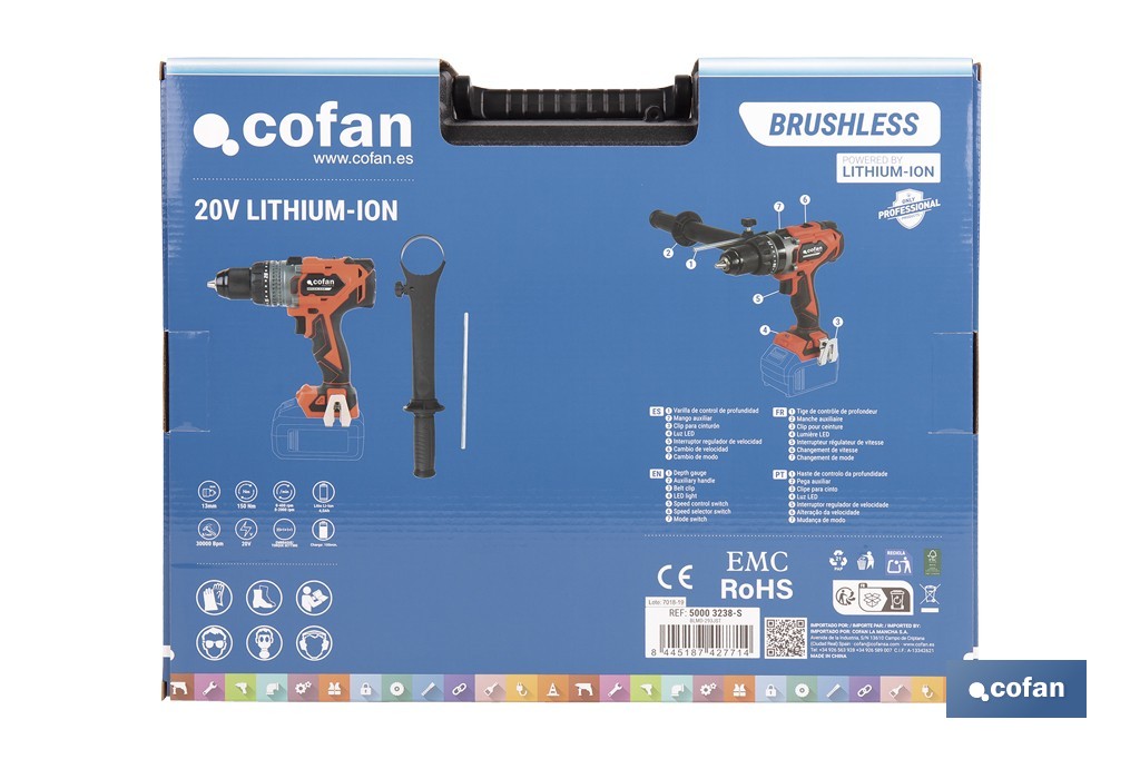 Taladro percutor a batería con motor brushless | Potencia: 20 V | 2 velocidades + percusión | Accesorios incluidos | Disponible con y sin batería y cargador - Cofan