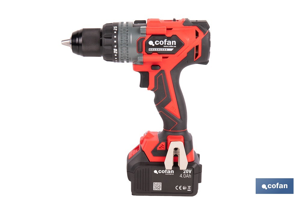 Taladro percutor a batería con motor brushless | Potencia: 20 V | 2 velocidades + percusión | Accesorios incluidos | Disponible con y sin batería y cargador - Cofan