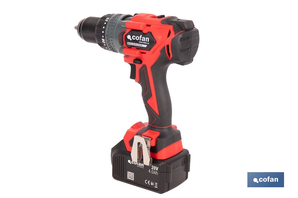 Taladro percutor a batería con motor brushless | Potencia: 20 V | 2 velocidades + percusión | Accesorios incluidos | Disponible con y sin batería y cargador - Cofan
