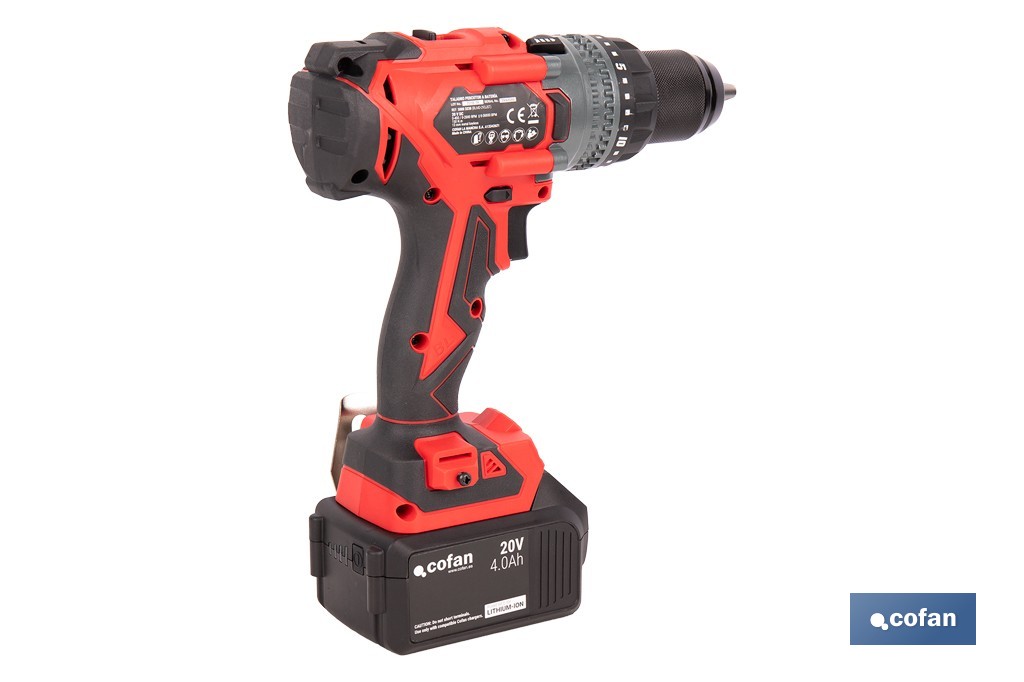 Taladro percutor a batería con motor brushless | Potencia: 20 V | 2 velocidades + percusión | Accesorios incluidos | Disponible con y sin batería y cargador - Cofan