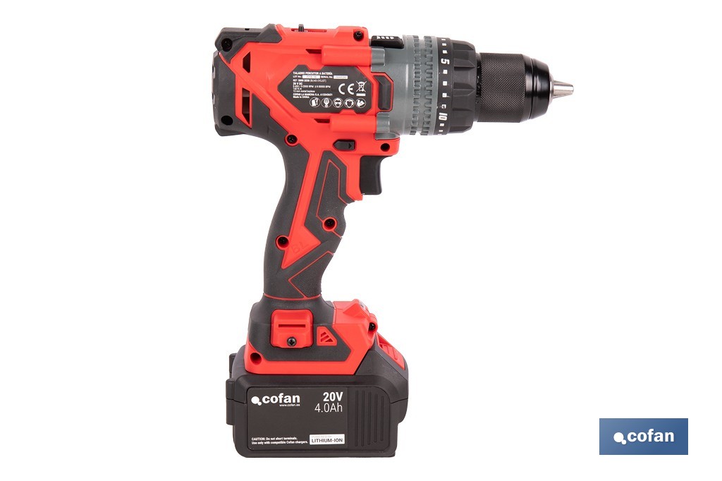 Taladro percutor a batería con motor brushless | Potencia: 20 V | 2 velocidades + percusión | Accesorios incluidos | Disponible con y sin batería y cargador - Cofan