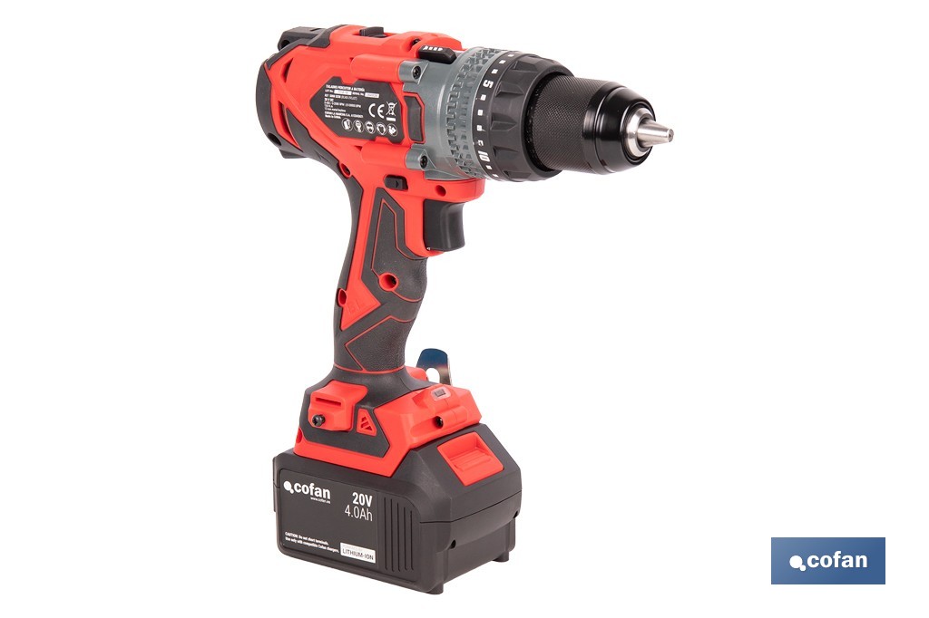 Taladro percutor a batería con motor brushless | Potencia: 20 V | 2 velocidades + percusión | Accesorios incluidos | Disponible con y sin batería y cargador - Cofan