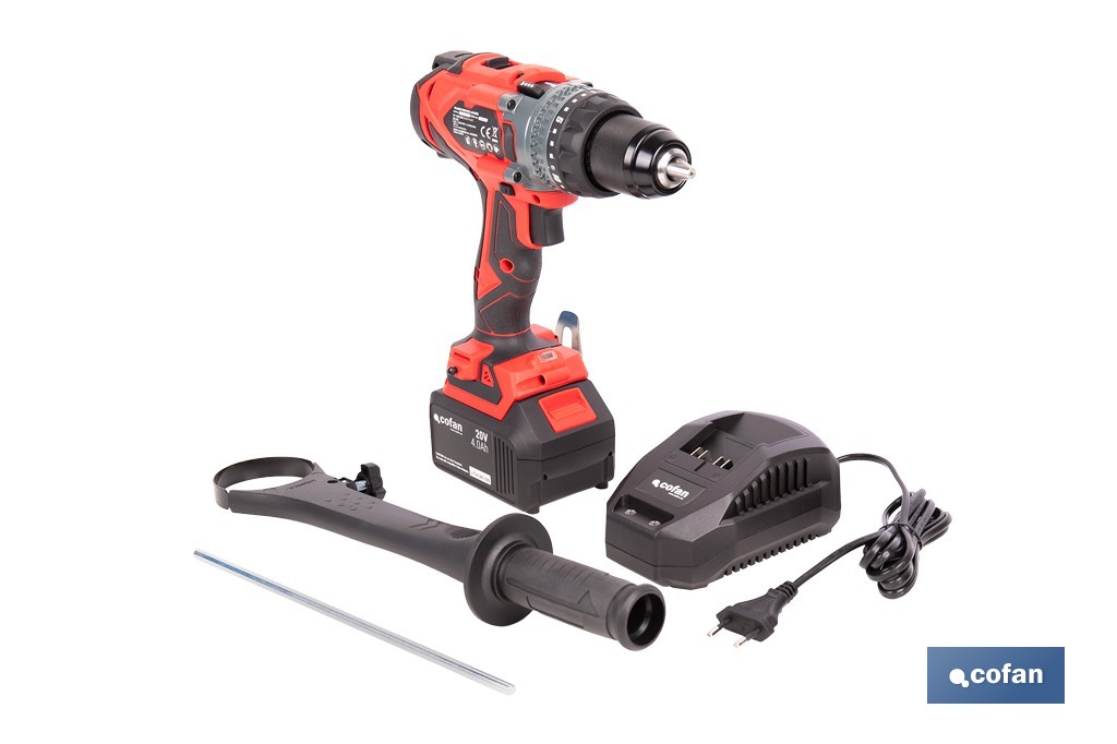 Taladro percutor a batería con motor brushless | Potencia: 20 V | 2 velocidades + percusión | Accesorios incluidos | Disponible con y sin batería y cargador - Cofan