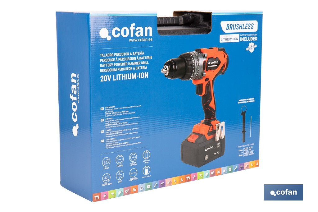 Taladro percutor a batería con motor brushless | Potencia: 20 V | 2 velocidades + percusión | Accesorios incluidos | Disponible con y sin batería y cargador - Cofan