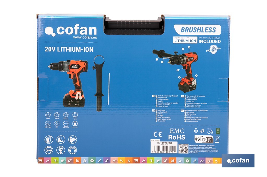 Taladro percutor a batería con motor brushless | Potencia: 20 V | 2 velocidades + percusión | Accesorios incluidos | Disponible con y sin batería y cargador - Cofan