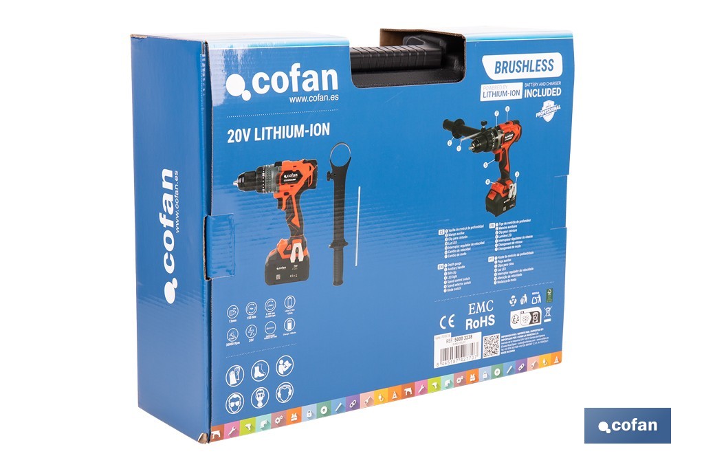 Taladro percutor a batería con motor brushless | Potencia: 20 V | 2 velocidades + percusión | Accesorios incluidos | Disponible con y sin batería y cargador - Cofan