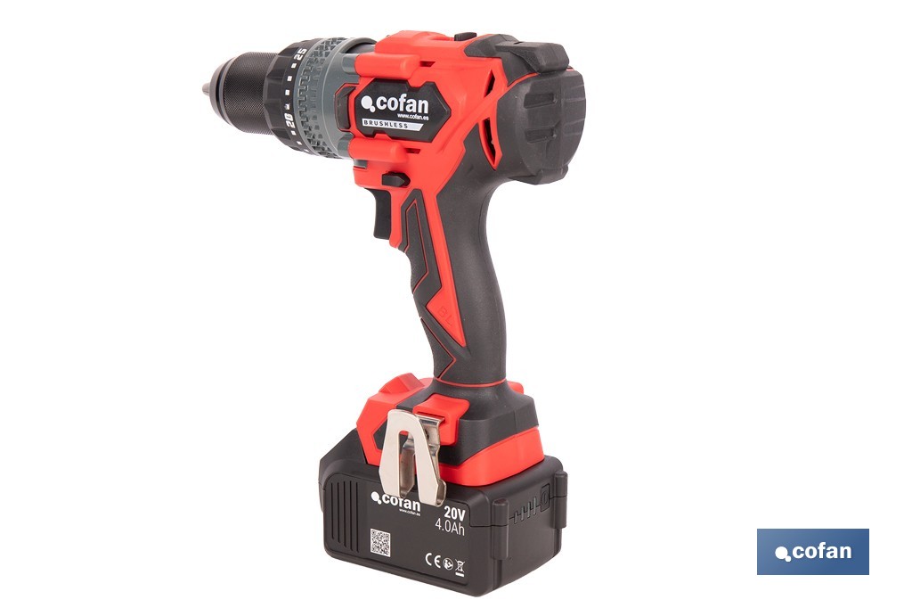Taladro percutor a batería con motor brushless | Potencia: 20 V | 2 velocidades + percusión | Accesorios incluidos | Disponible con y sin batería y cargador - Cofan