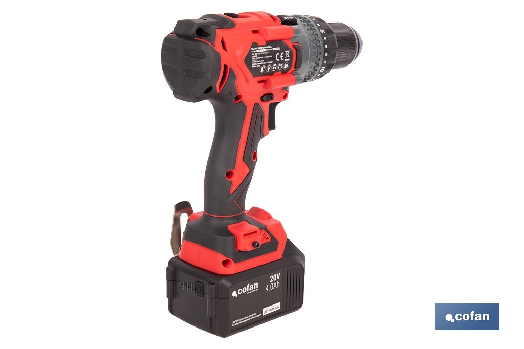 Taladro percutor a batería con motor brushless | Potencia: 20 V | 2 velocidades + percusión | Accesorios incluidos | Disponible con y sin batería y cargador - Cofan