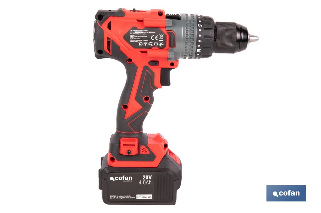 Taladro percutor a batería con motor brushless | Potencia: 20 V | 2 velocidades + percusión | Accesorios incluidos | Disponible con y sin batería y cargador - Cofan