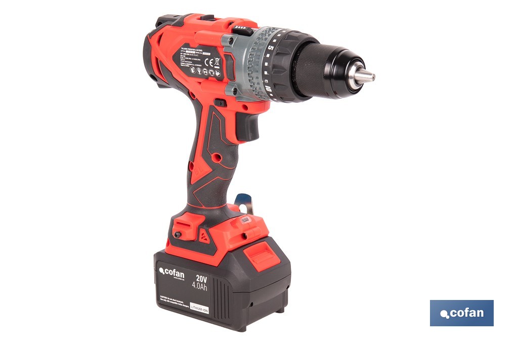 Taladro percutor a batería con motor brushless | Potencia: 20 V | 2 velocidades + percusión | Accesorios incluidos | Disponible con y sin batería y cargador - Cofan