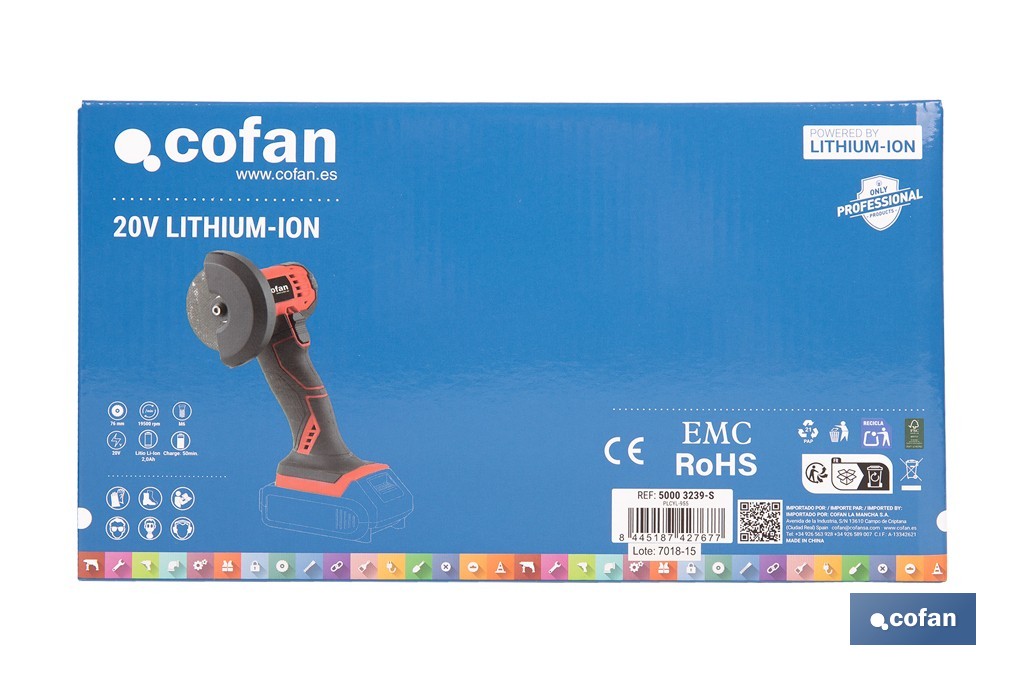 Mini amoladora a batería | 19.500 rpm | Para discos 76 mm | Empuñadura ergonómica | Disponible con y sin batería y cargador - Cofan