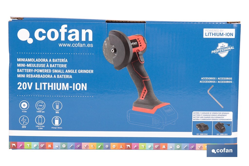 Mini amoladora a batería | 19.500 rpm | Para discos 76 mm | Empuñadura ergonómica | Disponible con y sin batería y cargador - Cofan