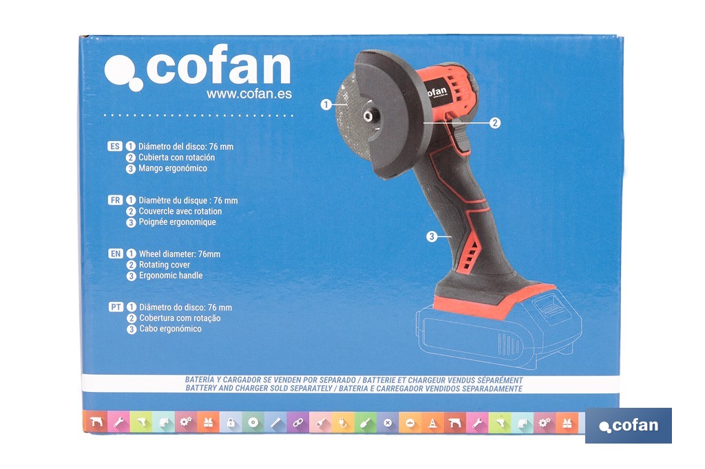 Mini amoladora a batería | 19.500 rpm | Para discos 76 mm | Empuñadura ergonómica | Disponible con y sin batería y cargador - Cofan