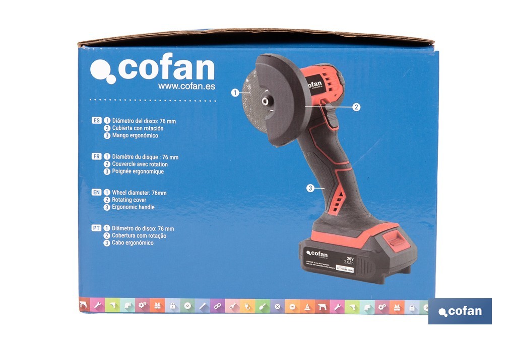 Mini amoladora a batería | 19.500 rpm | Para discos 76 mm | Empuñadura ergonómica | Disponible con y sin batería y cargador - Cofan