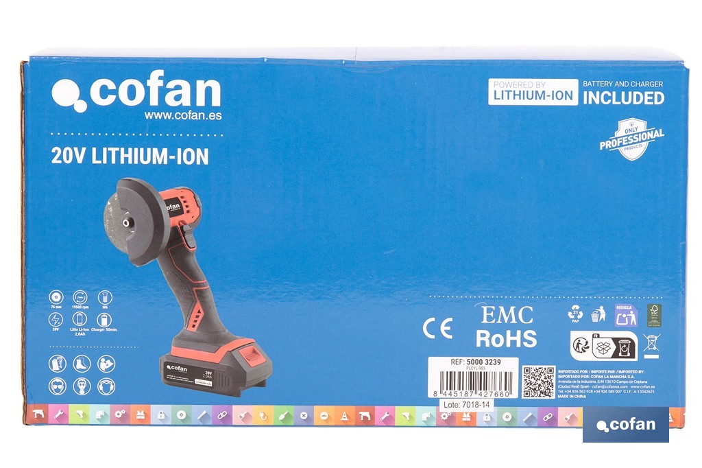 Mini amoladora a batería | 19.500 rpm | Para discos 76 mm | Empuñadura ergonómica | Disponible con y sin batería y cargador - Cofan