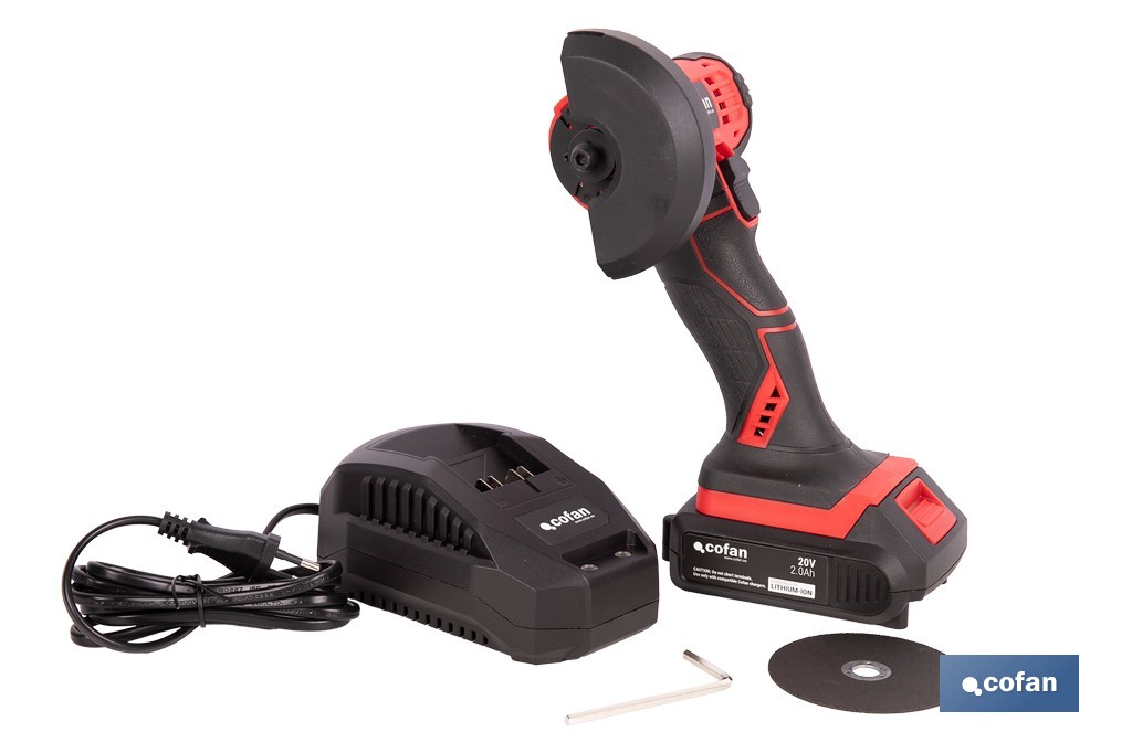 Mini amoladora a batería | 19.500 rpm | Para discos 76 mm | Empuñadura ergonómica | Disponible con y sin batería y cargador - Cofan