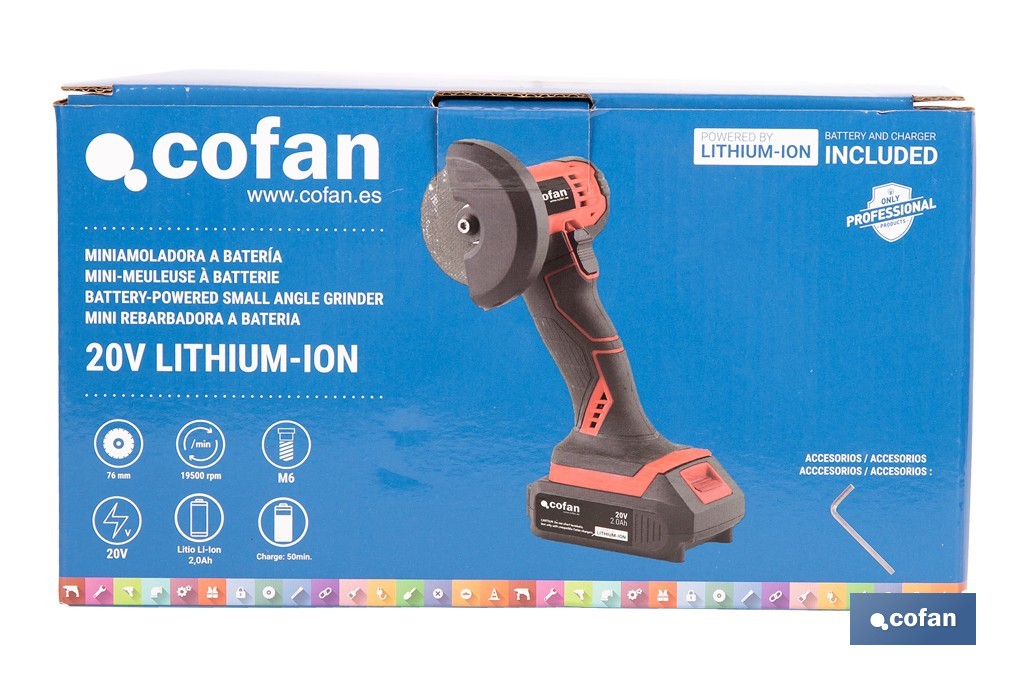 Mini amoladora a batería | 19.500 rpm | Para discos 76 mm | Empuñadura ergonómica | Disponible con y sin batería y cargador - Cofan