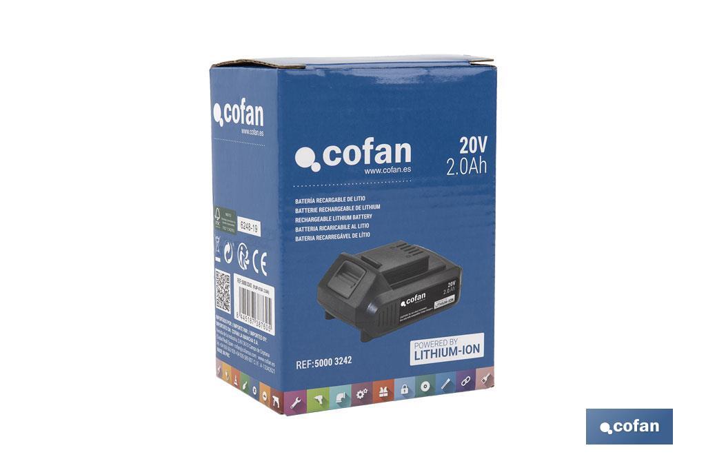 Batería de litio Li-ion de 20V y 2.0 Ah | Adecuada para herramientas eléctricas Cofan | Protección electrónica integral - Cofan