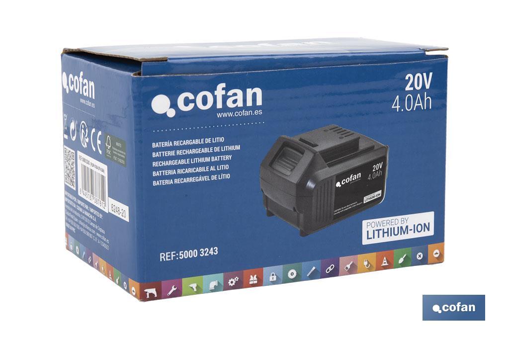 Batería de litio Li-ion de 20 V y 4.0 Ah | Adecuada para herramientas eléctricas Cofan | Protección electrónica integral - Cofan