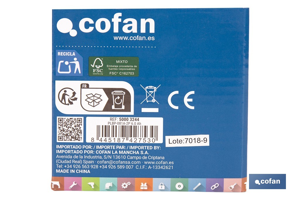 Rechargeable Li-Ion battery 20 V 6.0 Ah | Compatible with Cofan 1 for All system | LED battery indicator light | Overcharging and short-circuit protection - Cofan