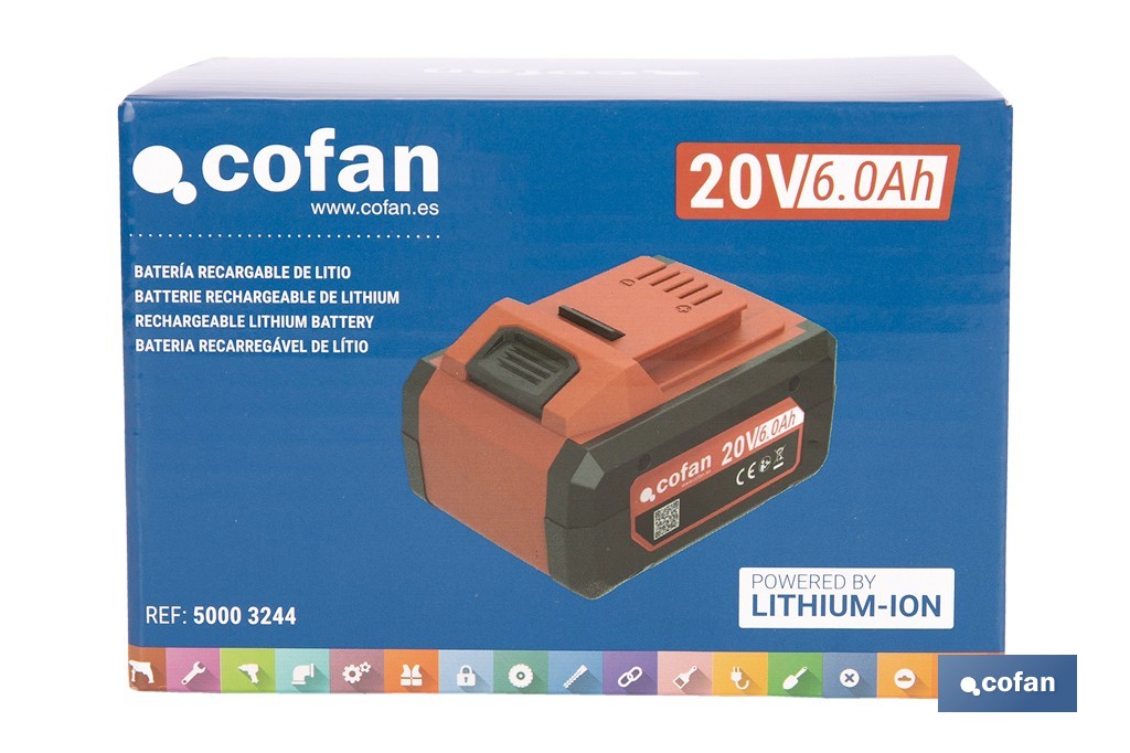 Rechargeable Li-Ion battery 20 V 6.0 Ah | Compatible with Cofan 1 for All system | LED battery indicator light | Overcharging and short-circuit protection - Cofan